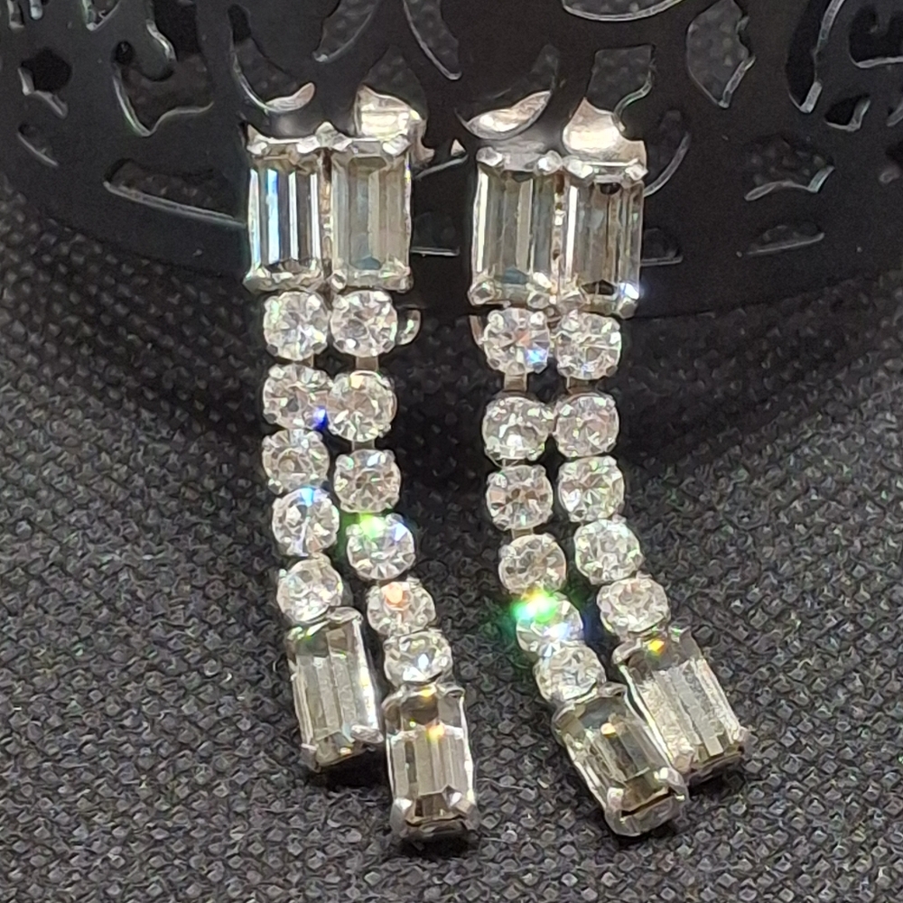 Elegant Vintage Silver Crystal Rhinestone Drop Earrings - Austria Hallmark